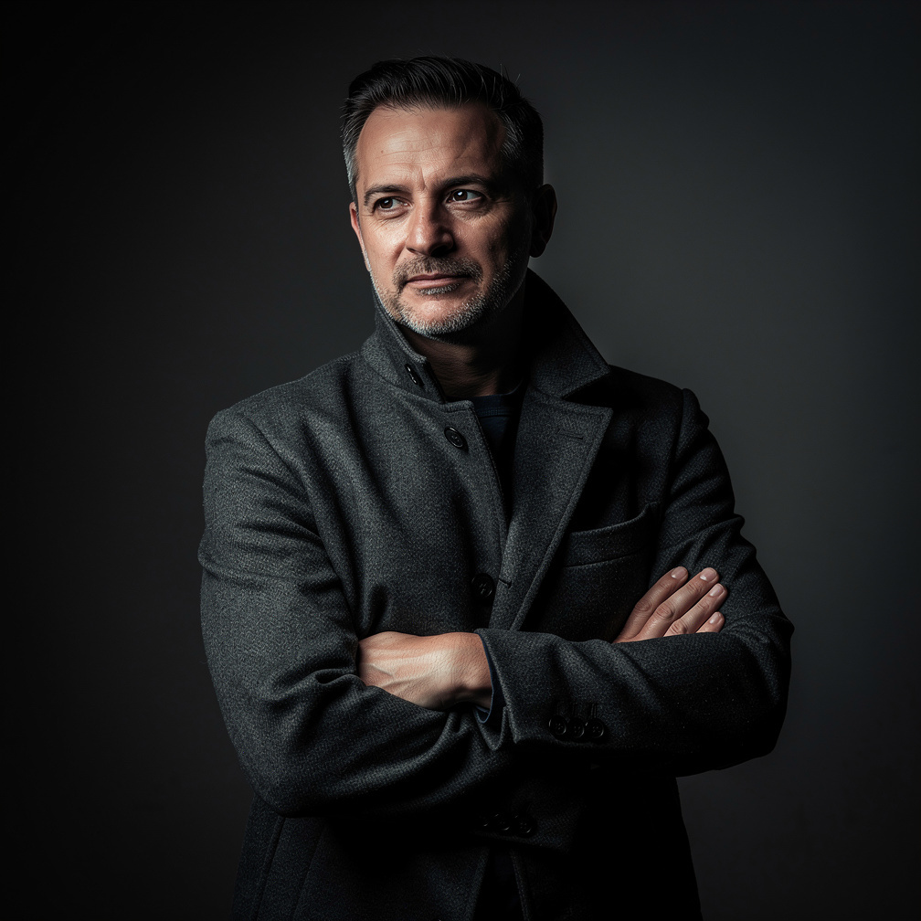 Portret ozbiljnog hrvatskog pisca kriminalističkih romana u tamnom kaputu